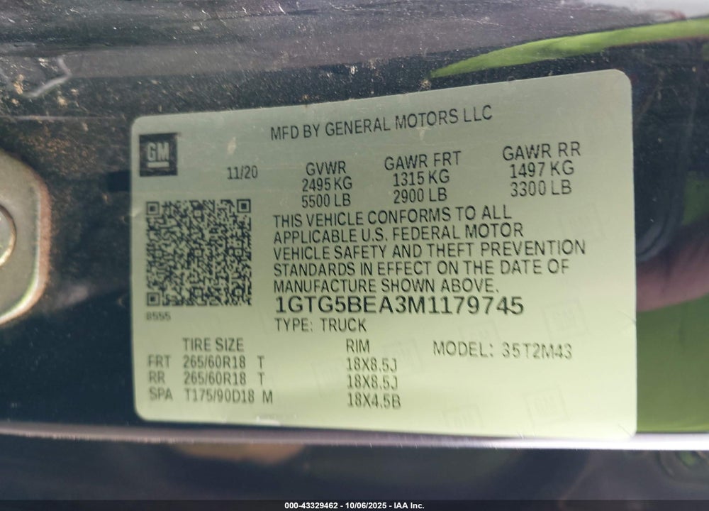 2021 GMC CANYON 2WD SHORT BOX ELEVATION STANDARD VIN: 1GTG5BEA3M1179745