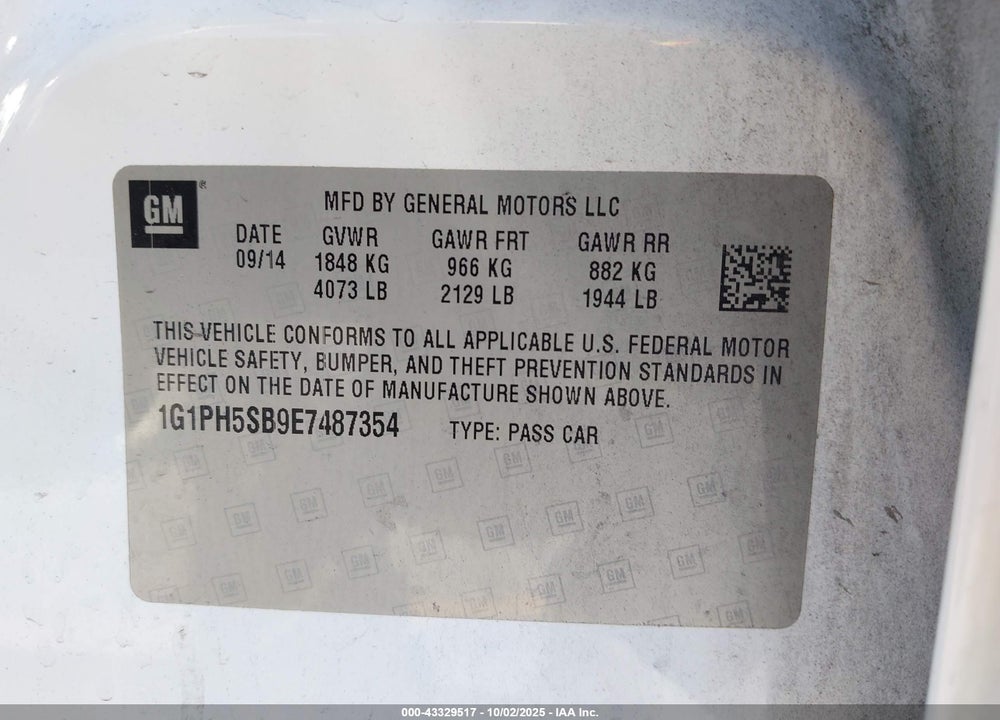 2014 CHEVROLET CRUZE VIN: 1G1PH5SB9E7487354
