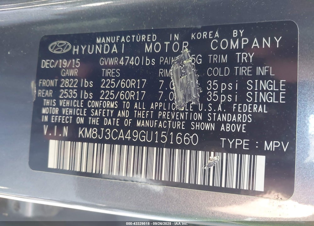 2016 HYUNDAI TUCSON VIN: KM8J3CA49GU151660