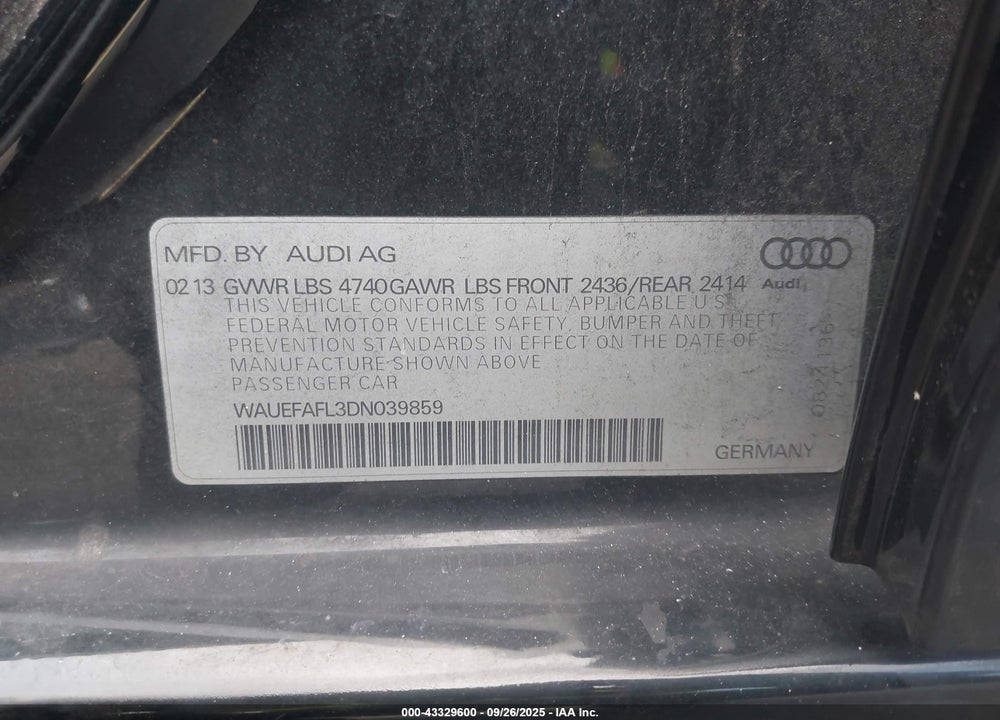 2013 AUDI A4 VIN: WAUEFAFL3DN039859