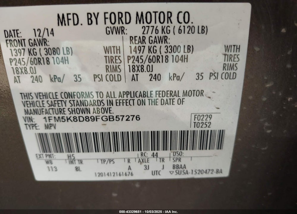 2015 FORD EXPLORER VIN: 1FM5K8D89FGB57276
