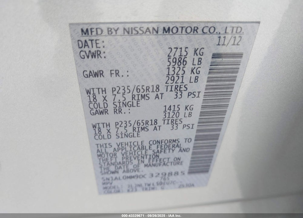 2013 INFINITI JX35 VIN: 5N1AL0MM9DC329885