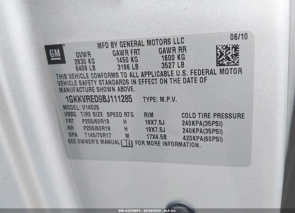2011 GMC ACADIA VIN: 1GKKVRED9BJ111285
