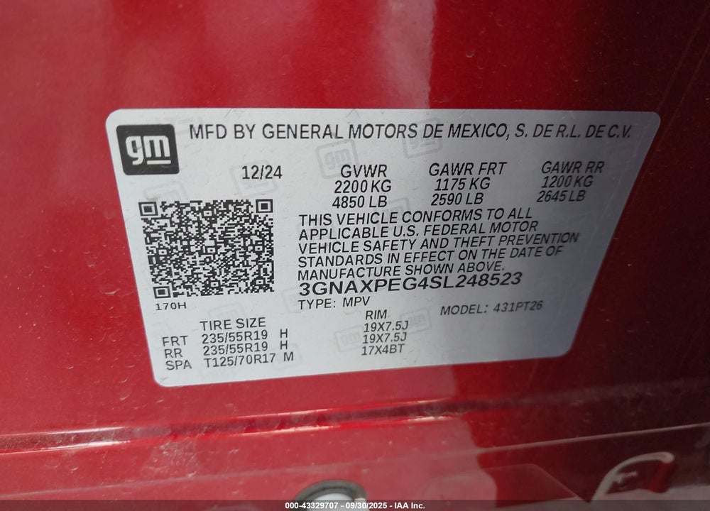 2025 CHEVROLET EQUINOX AWD LT VIN: 3GNAXPEG4SL248523