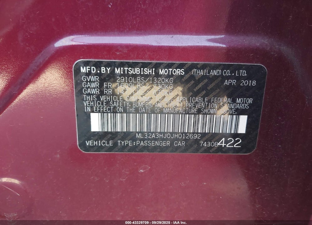2018 MITSUBISHI MIRAGE ES VIN: ML32A3HJ0JH012692