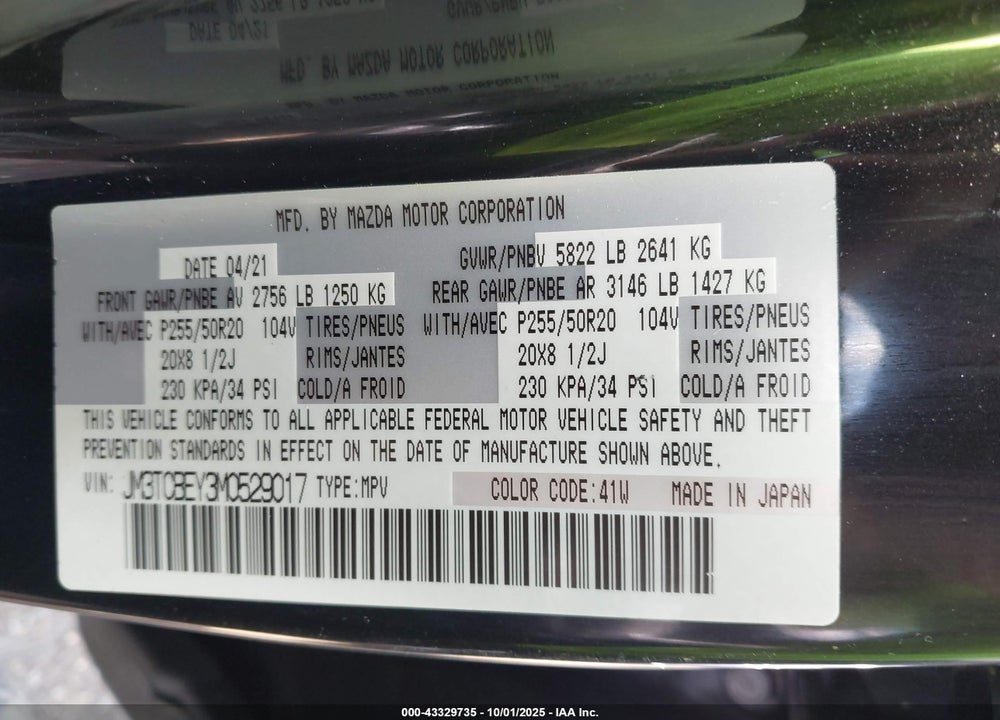 2021 MAZDA CX-9 VIN: JM3TCBEY3M0529017