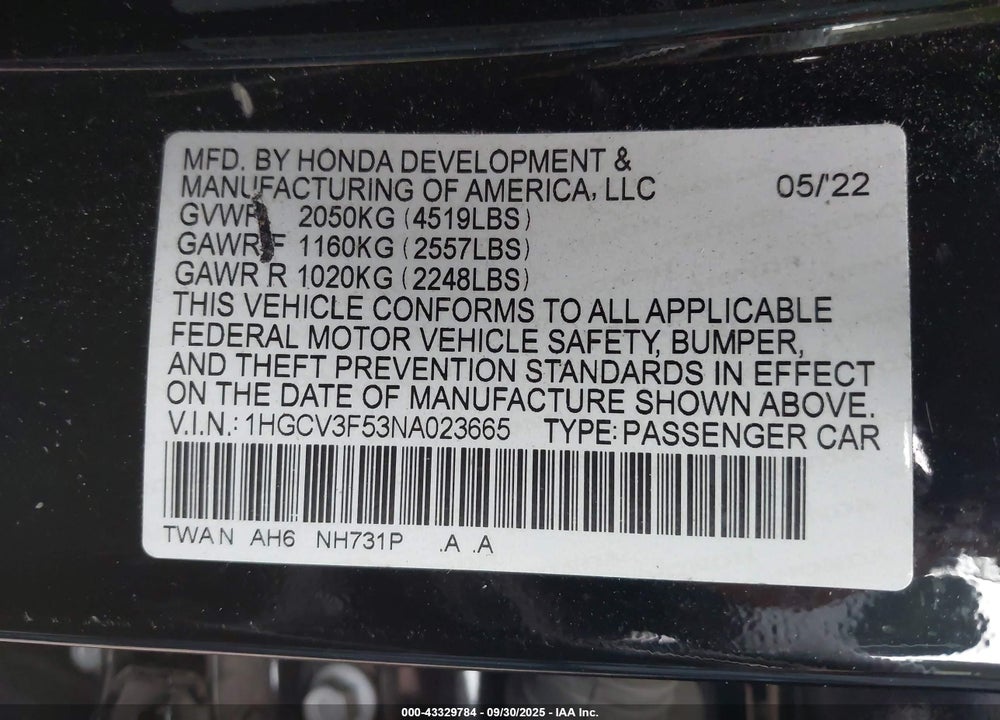 2022 HONDA ACCORD HYBRID EX-L VIN: 1HGCV3F53NA023665