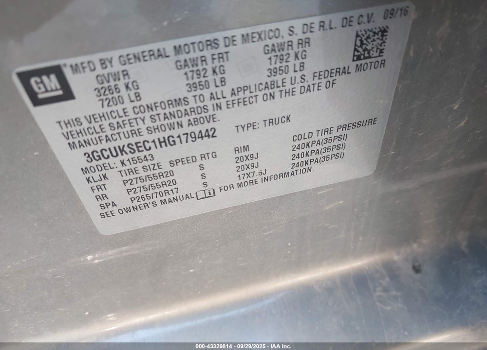 2017 CHEVROLET SILVERADO 1500 1LZ VIN: 3GCUKSEC1HG179442