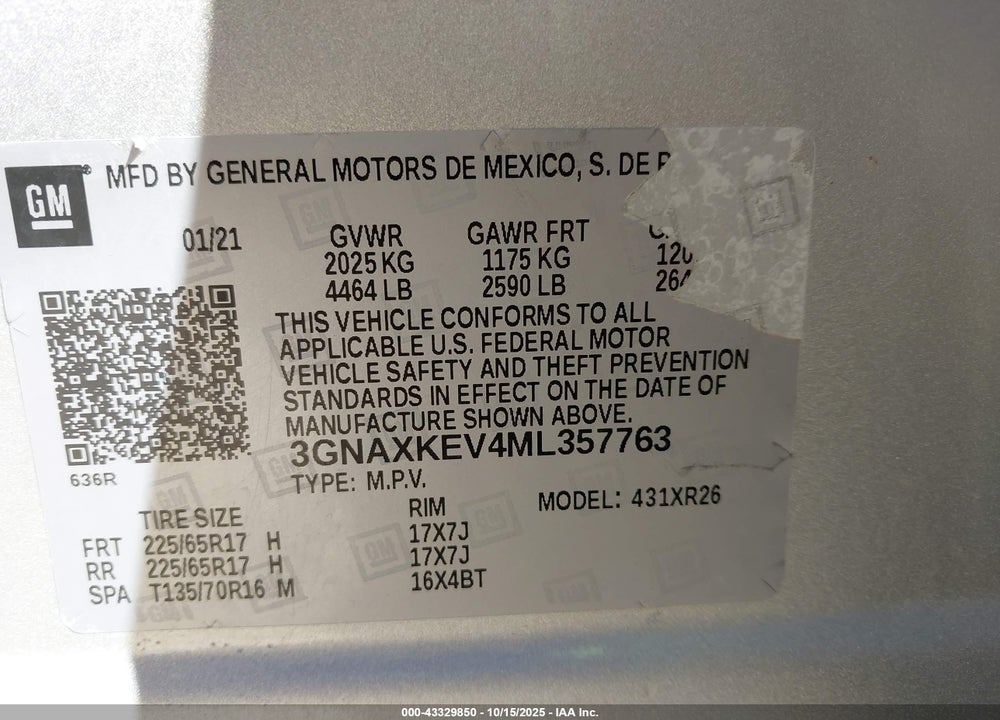 2021 CHEVROLET EQUINOX VIN: 3GNAXKEV4ML357763