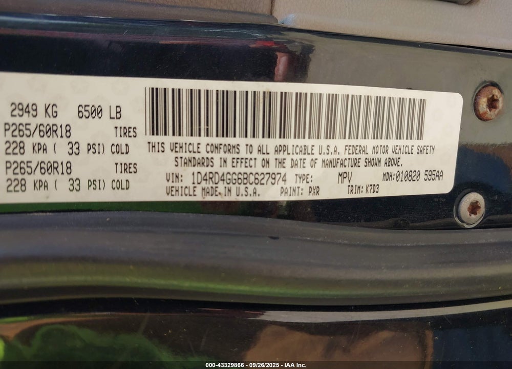 2011 DODGE DURANGO VIN: 1D4RD4GG6BC627974