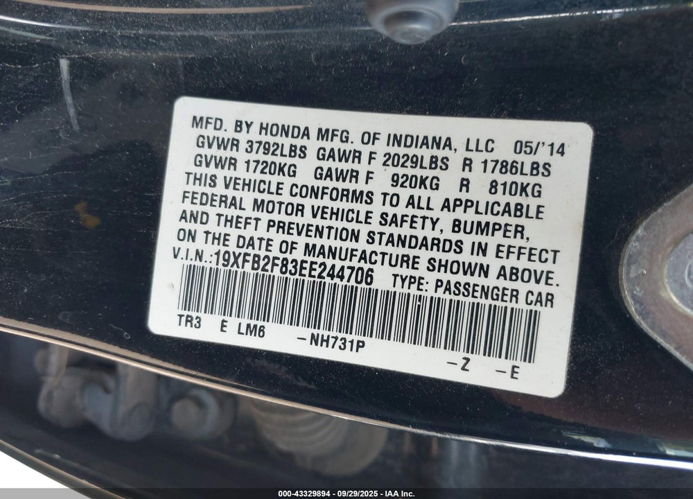 2014 HONDA CIVIC EX VIN: 19XFB2F83EE244706