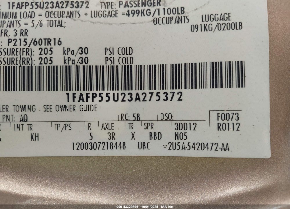 2003 FORD TAURUS SES VIN: 1FAFP55U23A275372