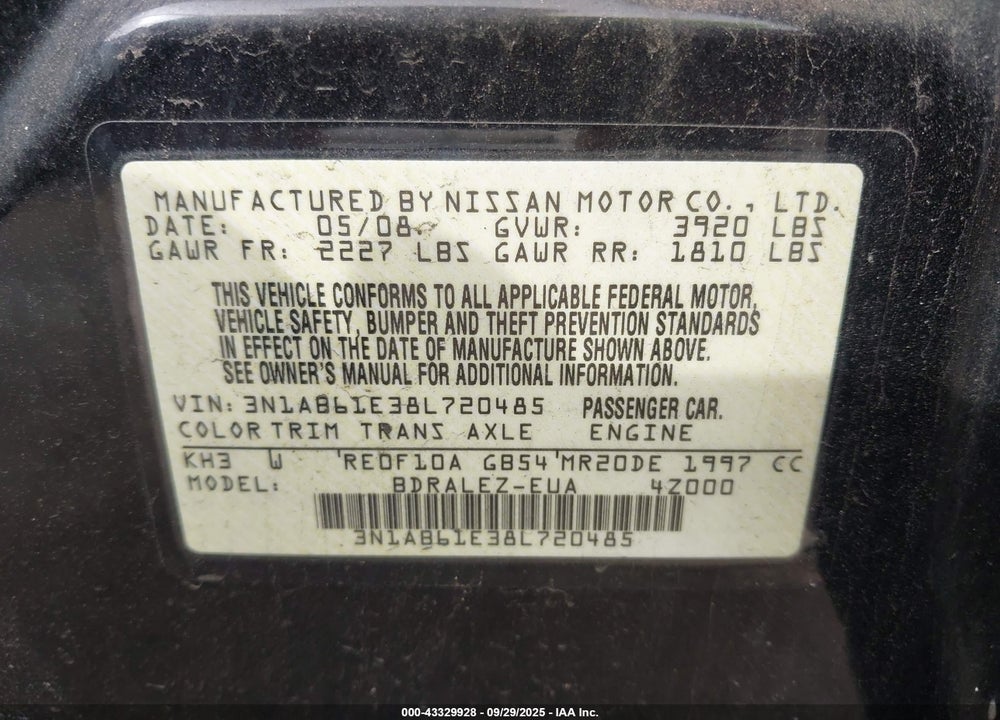 2008 NISSAN SENTRA VIN: 3N1AB61E38L720485