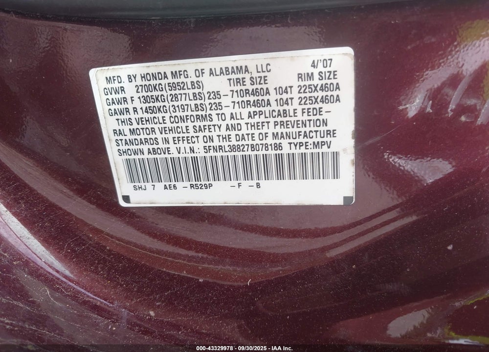 2007 HONDA ODYSSEY TOURING VIN: 5FNRL38827B078186