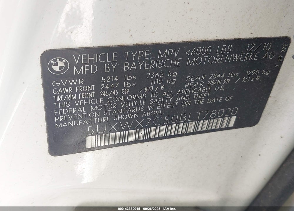 2011 BMW X3 VIN: 5UXWX7C50BLT78020