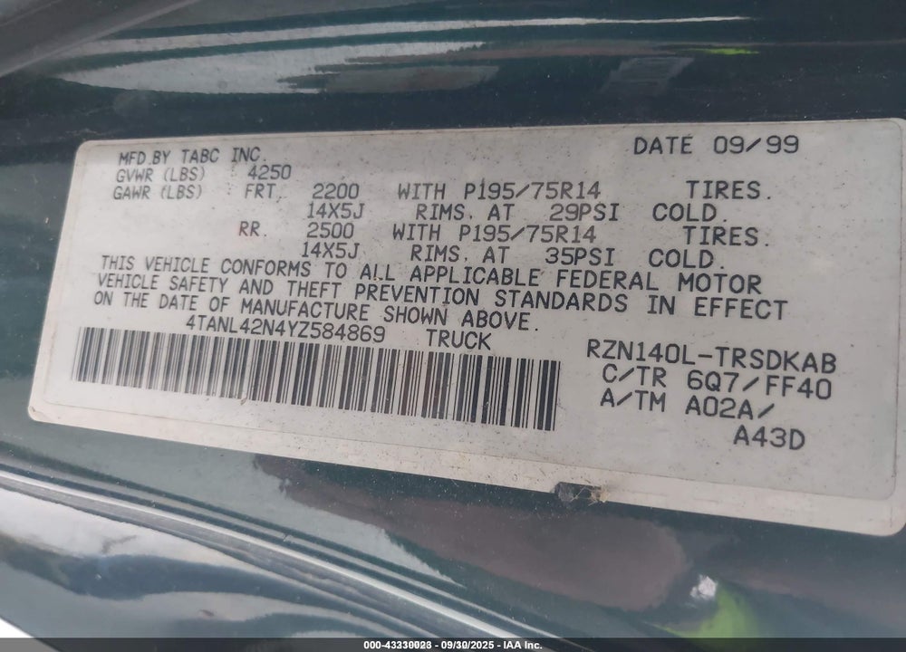 2000 TOYOTA TACOMA VIN: 4TANL42N4YZ584869