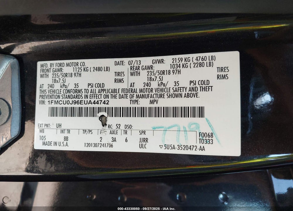 2014 FORD ESCAPE TITANIUM VIN: 1FMCU0J96EUA44742
