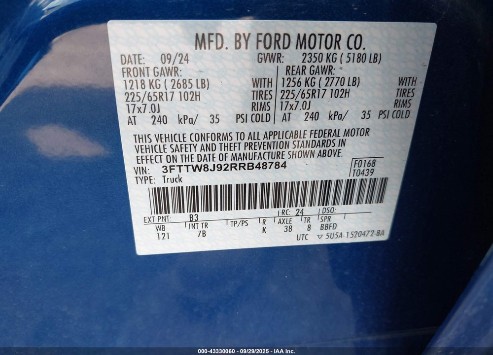 2024 FORD MAVERICK VIN: 3FTTW8J92RRB48784