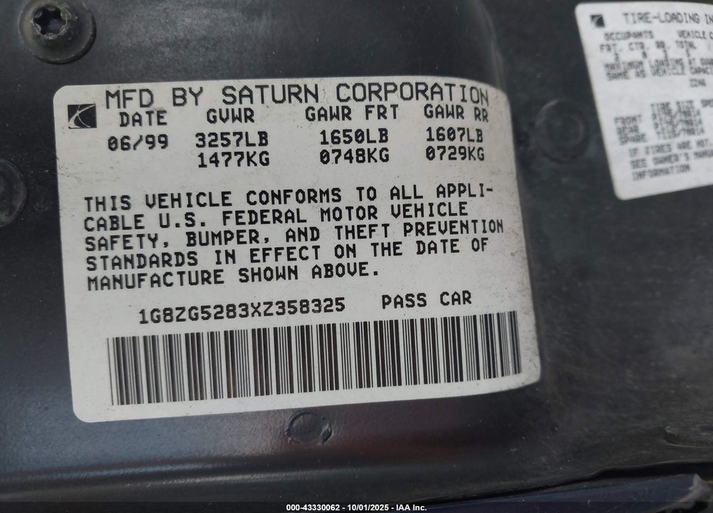 1999 SATURN SL1 VIN: 1G8ZG5283XZ358325