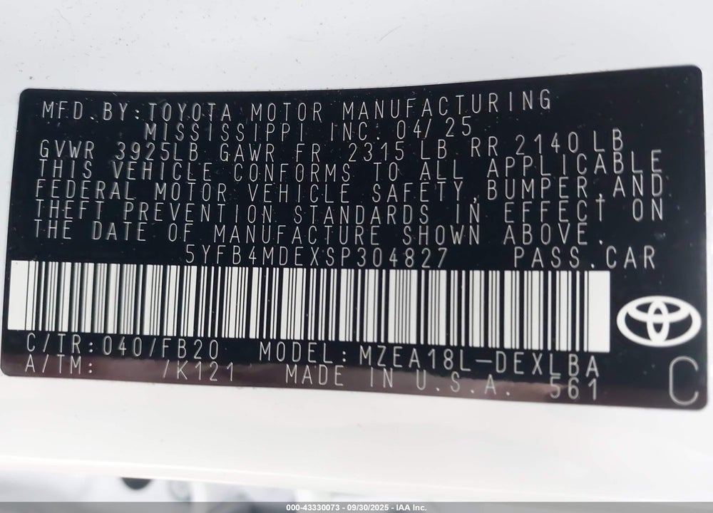2025 TOYOTA COROLLA LE VIN: 5YFB4MDEXSP304827