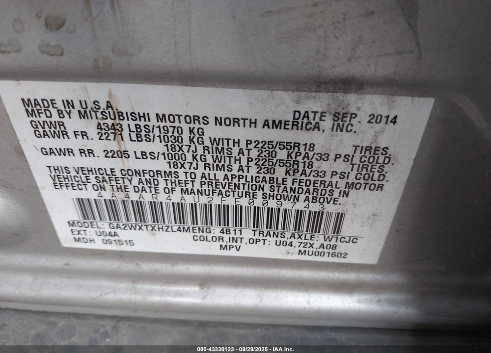 2015 MITSUBISHI OUTLANDER SPORT VIN: 4A4AR4AU2FE009743