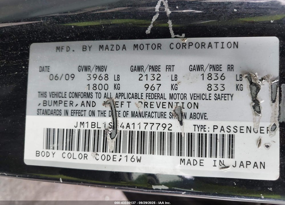 2010 MAZDA 3 VIN: JM1BL1SG4A1177792