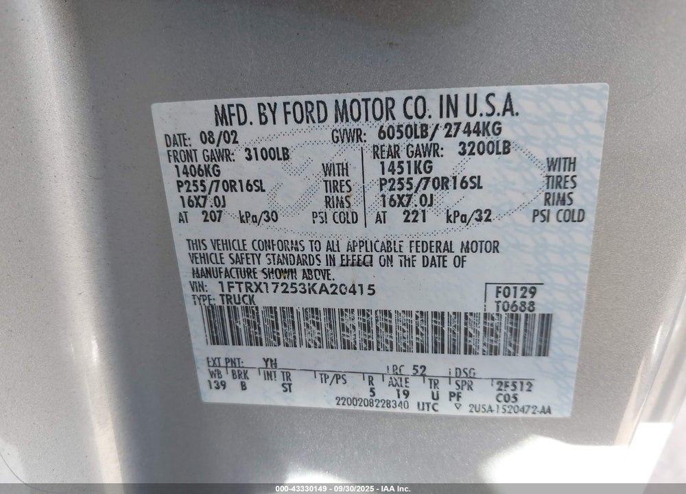 2003 FORD F-150 XL/XLT VIN: 1FTRX17253KA20415