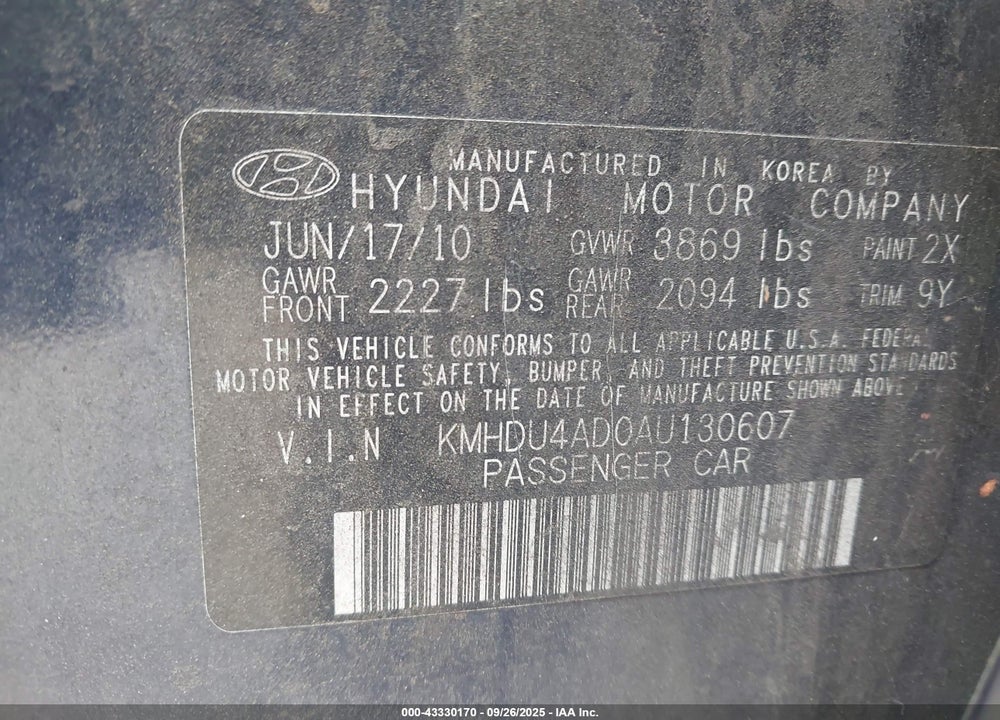 2010 HYUNDAI ELANTRA GLS VIN: KMHDU4AD0AU130607
