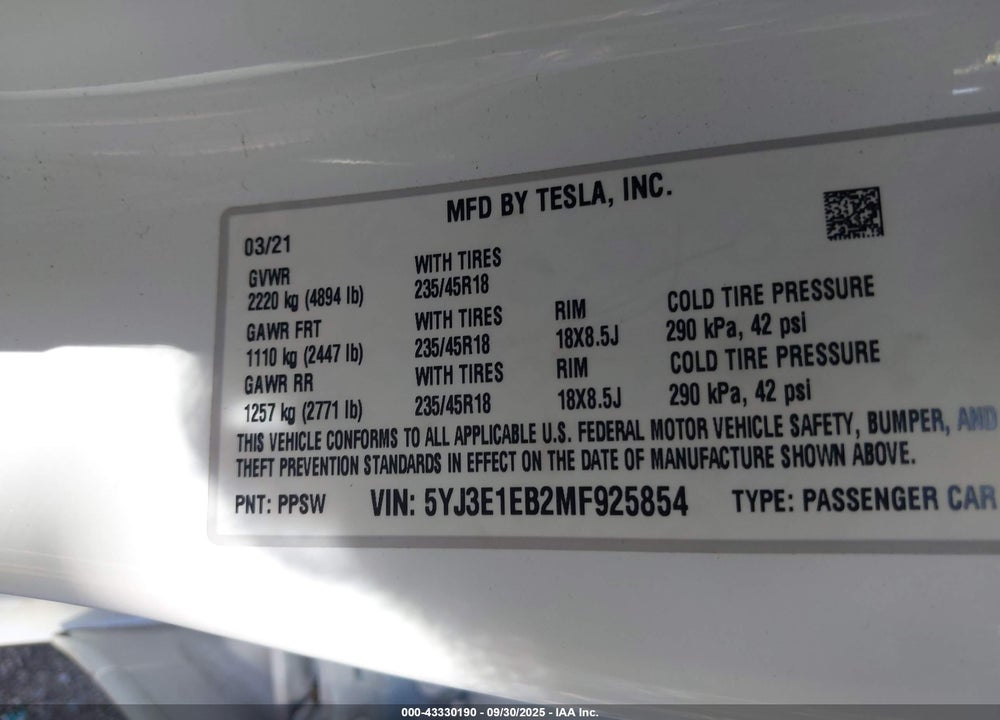 2021 TESLA MODEL 3 VIN: 5YJ3E1EB2MF925854