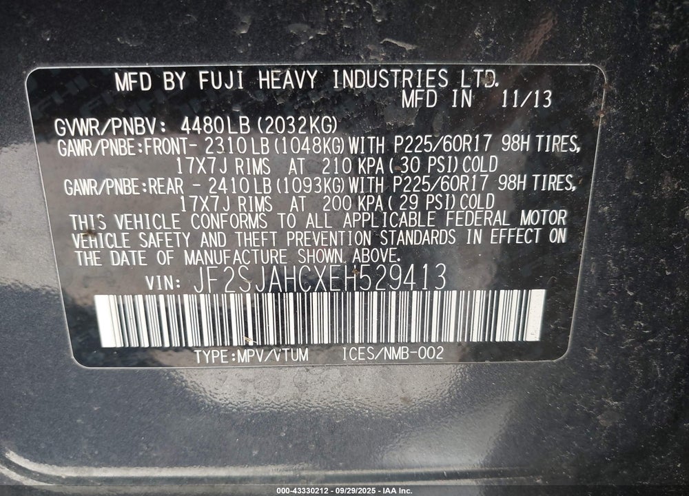 2014 SUBARU FORESTER 2.5I LIMITED VIN: JF2SJAHCXEH529413