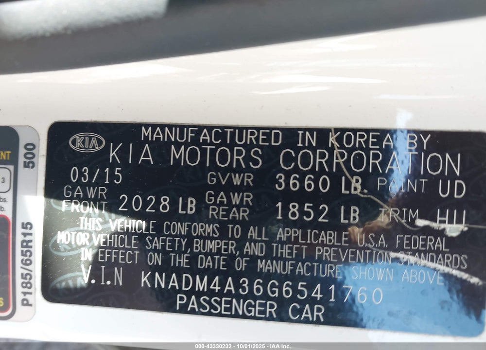2016 KIA RIO VIN: KNADM4A36G6541760