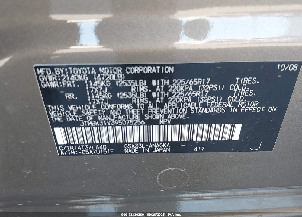 2009 TOYOTA RAV4 LIMITED V6 VIN: JTMBK31V395075256