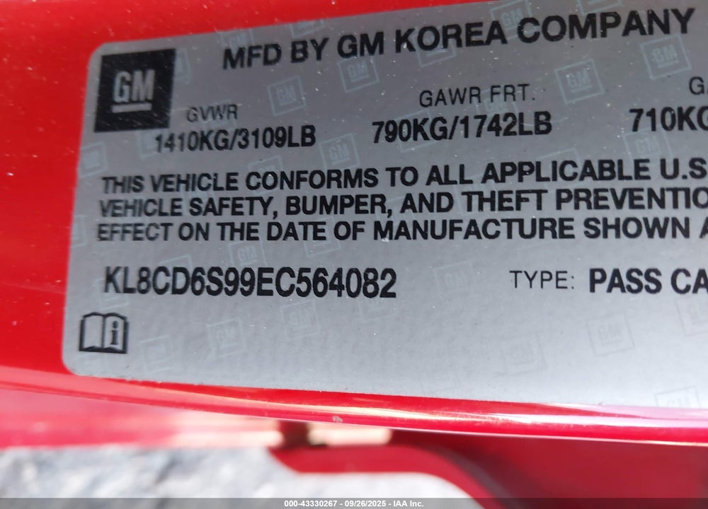 2014 CHEVROLET SPARK VIN: KL8CD6S99EC564082