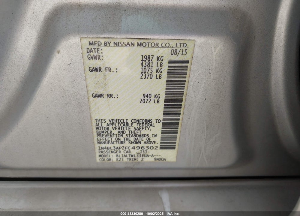 2015 NISSAN ALTIMA VIN: 1N4BL3AP2FC496302