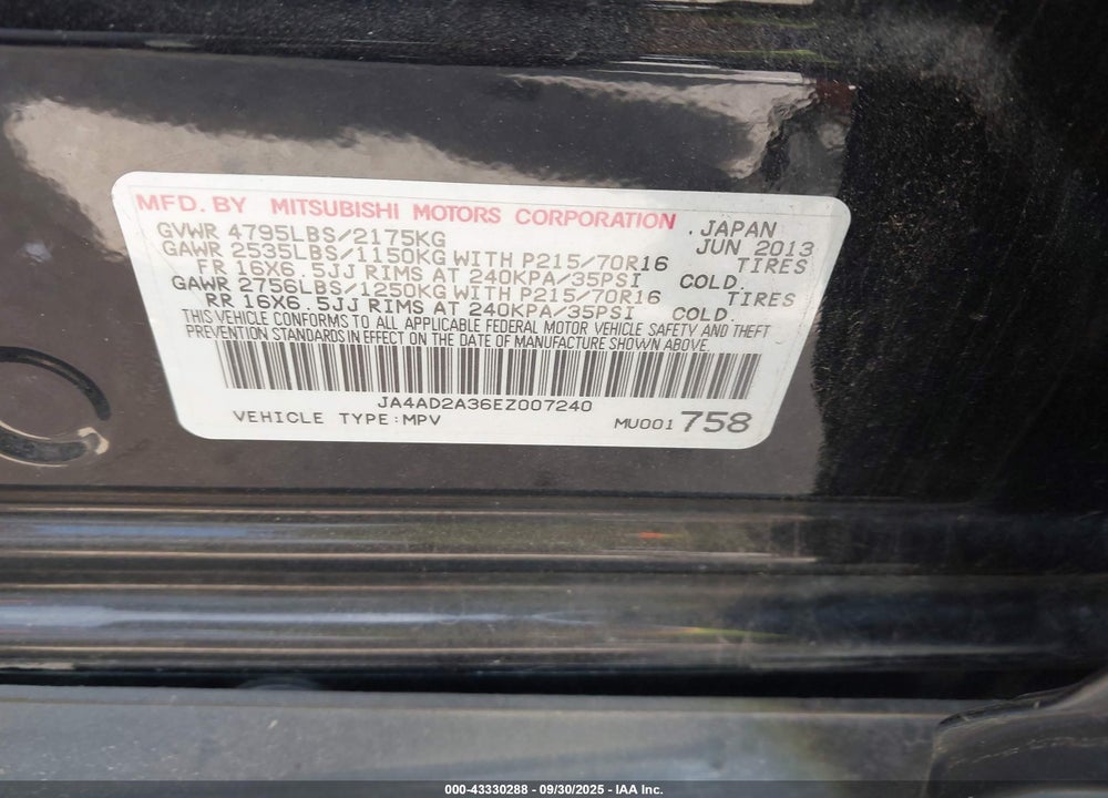 2014 MITSUBISHI OUTLANDER VIN: JA4AD2A36EZ007240
