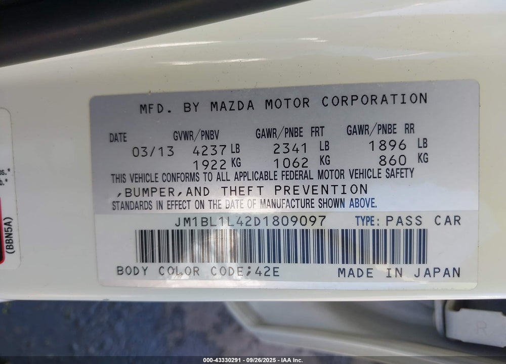 2013 MAZDA 3 VIN: JM1BL1L42D1809097