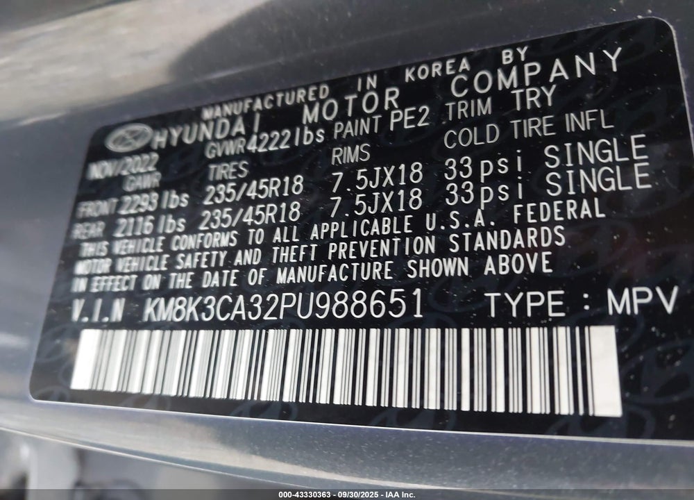 2023 HYUNDAI KONA VIN: KM8K3CA32PU988651