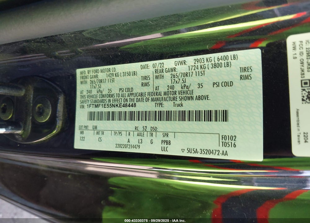 2022 FORD F-150 VIN: 1FTMF1E55NKE48448
