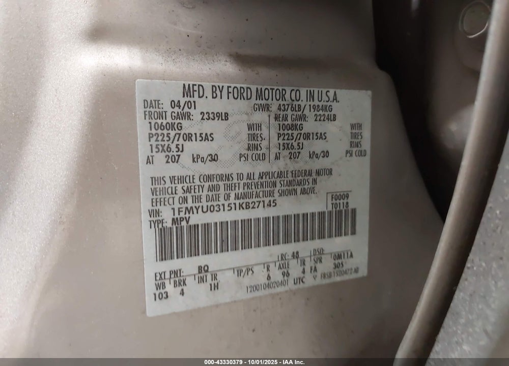 2001 FORD ESCAPE XLT VIN: 1FMYU03151KB27145