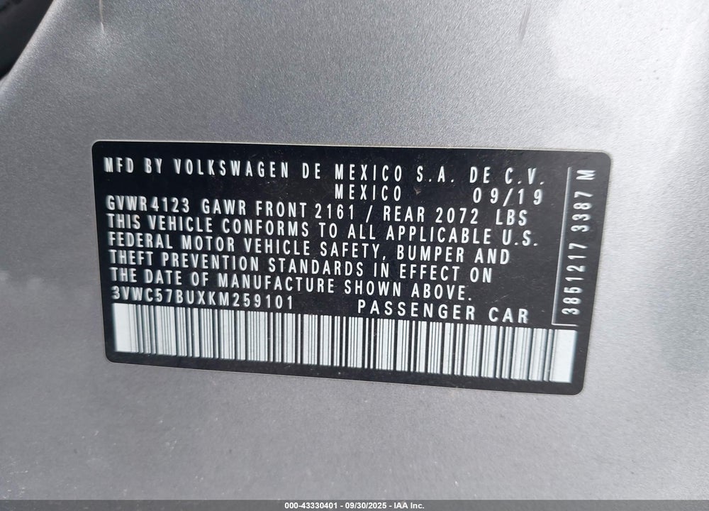2019 VOLKSWAGEN JETTA VIN: 3VWC57BUXKM259101