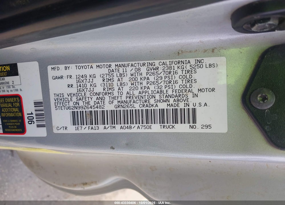 2009 TOYOTA TACOMA VIN: 5TETU62N99Z645482