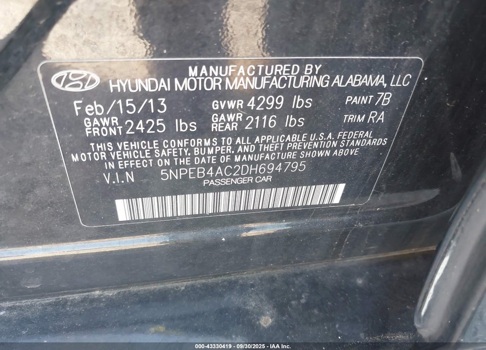 2013 HYUNDAI SONATA VIN: 5NPEB4AC2DH694795