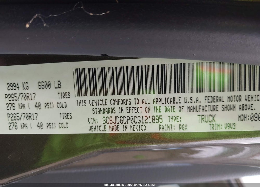 2012 RAM 1500 ST VIN: 3C6JD6DP0CG121895