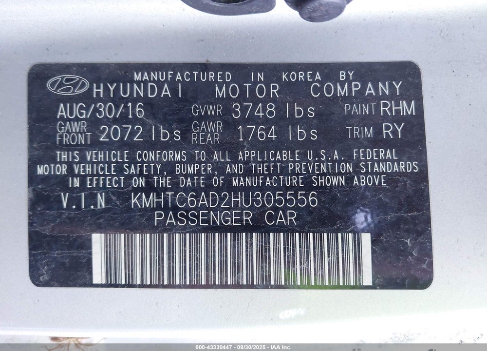 2017 HYUNDAI VELOSTER VIN: KMHTC6AD2HU305556