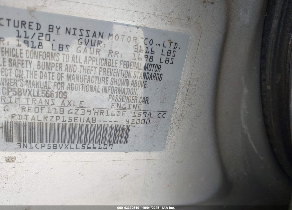 2020 NISSAN KICKS VIN: 3N1CP5BVXLL566109