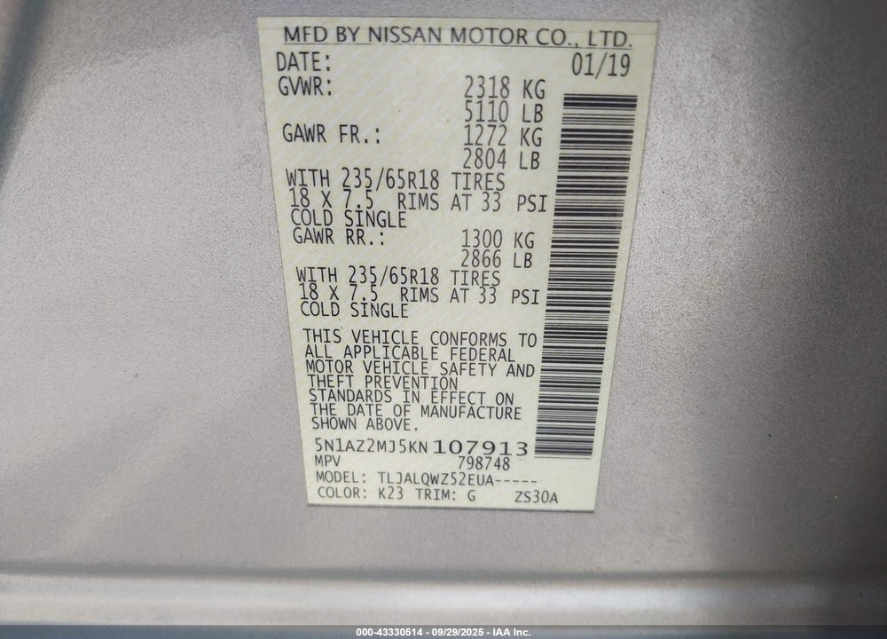 2019 NISSAN MURANO VIN: 5N1AZ2MJ5KN107913