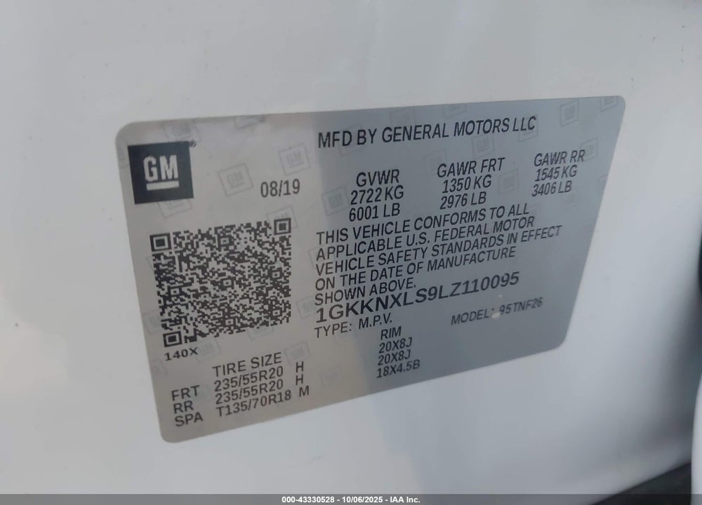 2020 GMC ACADIA VIN: 1GKKNXLS9LZ110095