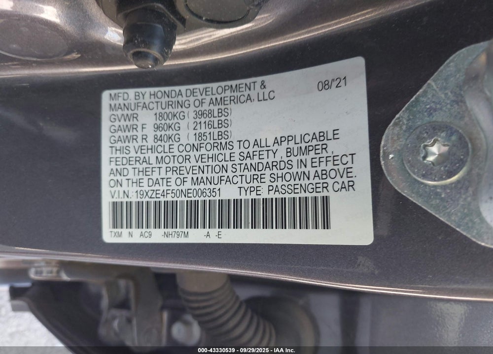 2022 HONDA INSIGHT VIN: 19XZE4F50NE006351