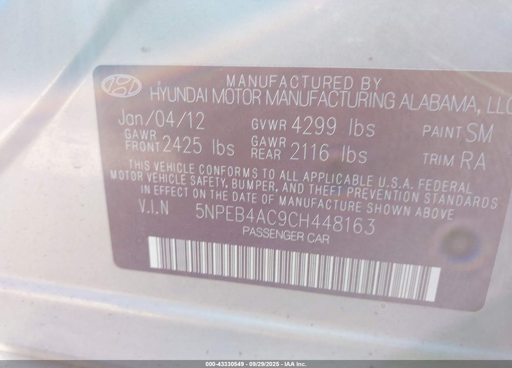 2012 HYUNDAI SONATA GLS PZEV VIN: 5NPEB4AC9CH448163