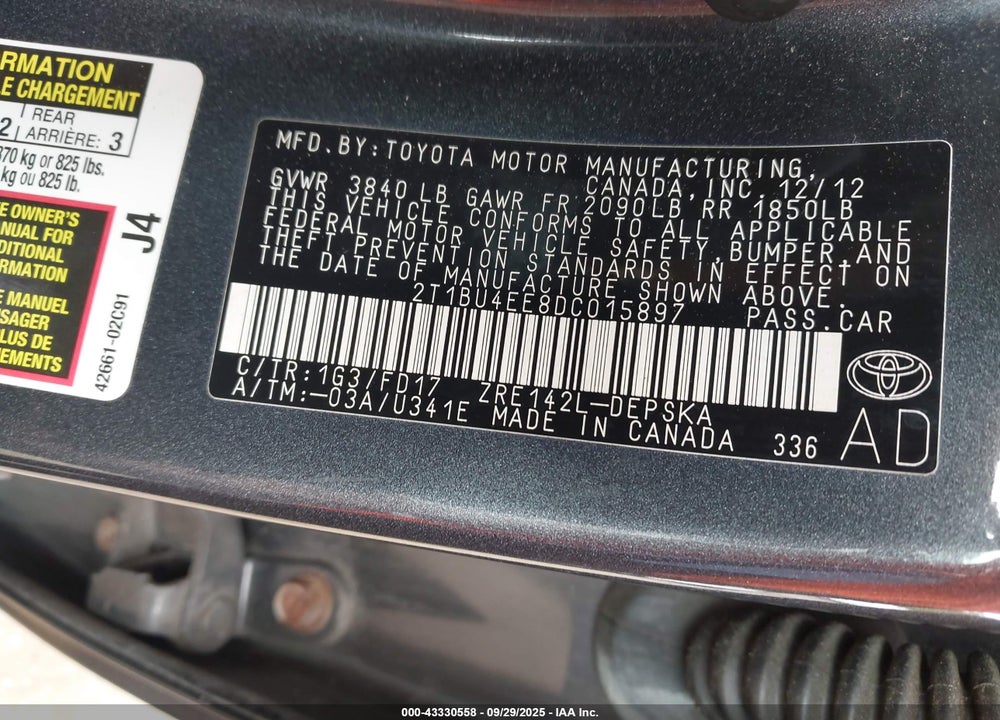2013 TOYOTA COROLLA VIN: 2T1BU4EE8DC015897
